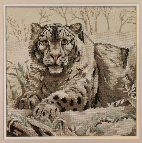 Vintage Framed Snow Leopard Needlepoint Art