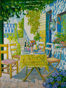 Lloyd Van Pitterson ( Jamaican, 1926 - 1997) Colorful Original Oil Painting table and chairs in a garden with flowers