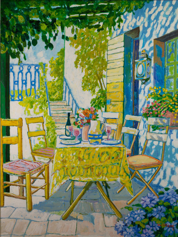 Lloyd Van Pitterson ( Jamaican, 1926 - 1997) Colorful Original Oil Painting table and chairs in a garden with flowers