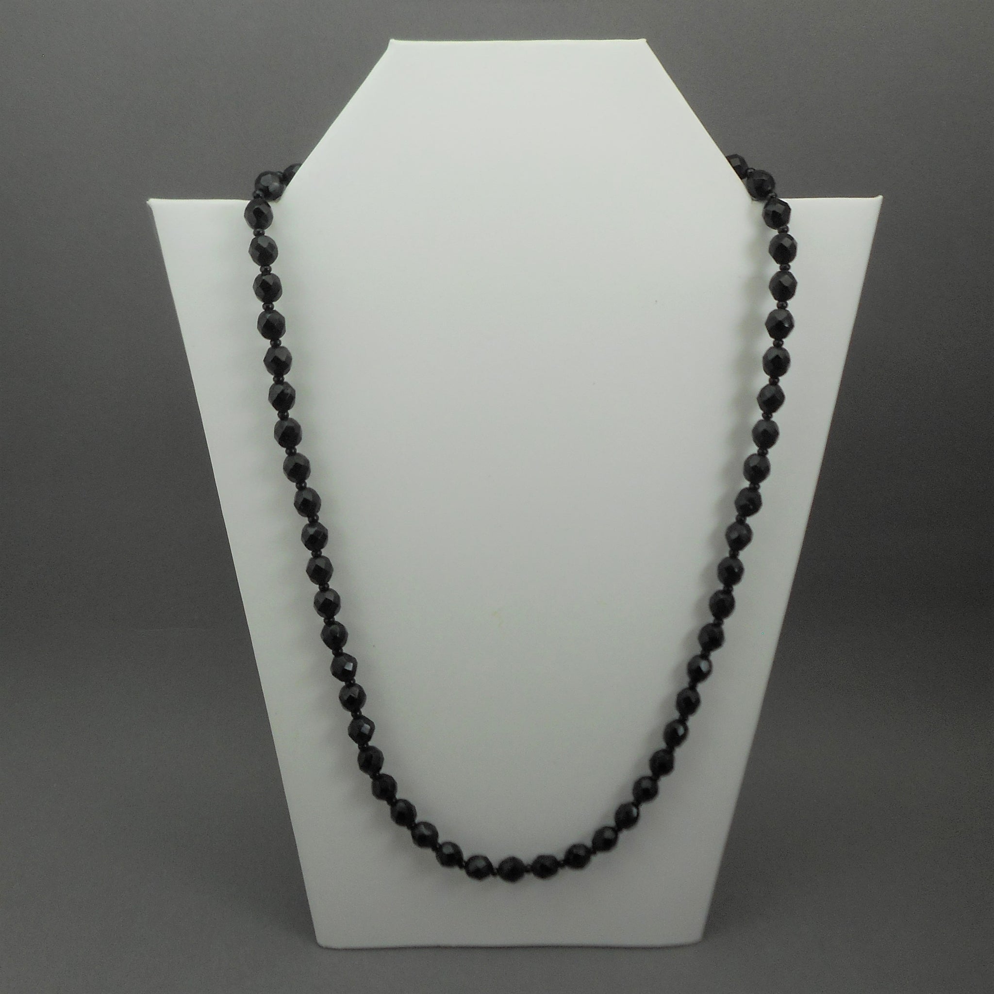 Vintage French Jet Single Strand Necklace Black Glass Beads