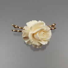 Load image into Gallery viewer, A vintage mid century modern style brooch by Rhode Island jewelry maker Burt Cassell. A carved ivory* rose pin with a 12K gold backing. *The material of the rose has not been authenticated  Approximately 1 7/8&quot; x 1 1/8&quot;  Vintage pre-owned condition  FREE Shipping to US locations