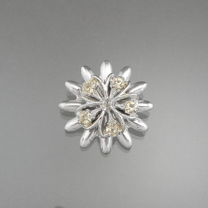 Vintage 1950s Rhinestone Brooch - Silver Tone, Flower Design - Estate Costume Jewelry