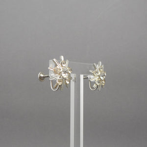 Vintage 1950s Rhinestone Screw Back Earrings - Snowflake Design, Silver Tone, Signed NEMO