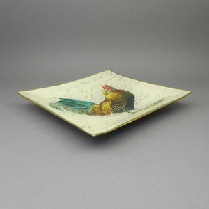 Signed John Derian Glass Decoupage Square Rooster Tray Plate Dish Handmade USA