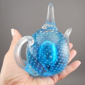 Vintage Hand Blown Glass Paperweight / Ring Holder - Teapot Form, Blue with Controlled Bubbles
