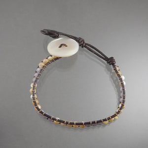 Leather and Opalescent Stone Adjustable Wrap Bracelet - Unisex - Brown, Beige, Purple Beads