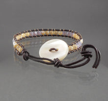 Load image into Gallery viewer, Unisex Leather and Opalescent Stone Bead Bracelet. In the style of Chan Luu, maker unknown, adjustable leather and stone bead friendship bracelet. The bracelet is in excellent vintage pre-owned condition, the button is chipped on the underside FREE Shipping via USPS standard shipping to Continental US locations