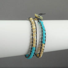 Load image into Gallery viewer, Unisex Leather and Opalescent Stone Bead Bracelet. In the style of Chan Luu, maker unknown, double wrap leather and stone bead friendship bracelet. It can be worn as a choker necklace as well (small size). Turquoise color stone beads FREE Shipping via USPS standard shipping to Continental US locations