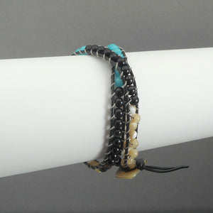 Leather and Opalescent Stone Double Wrap Bracelet or Choker Necklace - Black, Beige, Turquoise* Beads