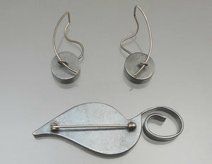 Handmade Oxidized Silver Earrings and Brooch Set - Artisan Crafted, Autumn Leaf Design