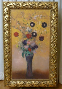 Vintage Reproduction of Odilon Redon "Vase of Flowers" Painting - Large Print in an Ornate Gold Frame