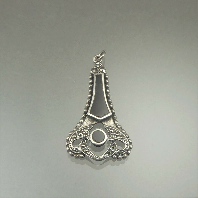 Vintage Onyx and Marcasite Pendant - Victorian Revival Style, Black and Silver