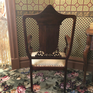 Antique Victorian or Edwardian Carved Mahogany Arm Chair Wood and Mother of Pearl Inlay