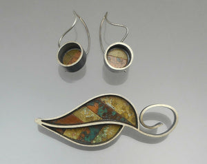 Handmade Oxidized Silver Earrings and Brooch Set - Artisan Crafted, Autumn Leaf Design