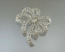 Load image into Gallery viewer, Vintage Crown Trifari Brooch - Silver Tone Filigree Bow, Signed Designer Pin