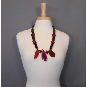 Vintage Resin Bird and Leaf Jewelry Set - Dangle Earrings and Necklace - Red and Black Beads - Southwestern Style - Estate Collection Jewelry