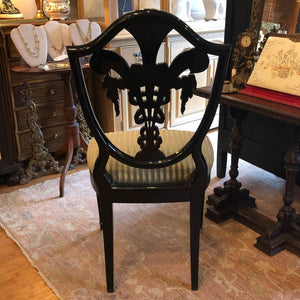 A Pair of Vintage Antique Reproduction Side Chairs - Hepplewhite Style - Hand Painted Black Lacquer Wood Made in Italy - Prince of Wales Feather Design