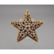 Load image into Gallery viewer, Large Vintage Faux Garnet Star Brooch, circa 1960 - Gold Tone, Red Rhinestones - Victorian Revival Pin - Estate Costume Jewelry Collection