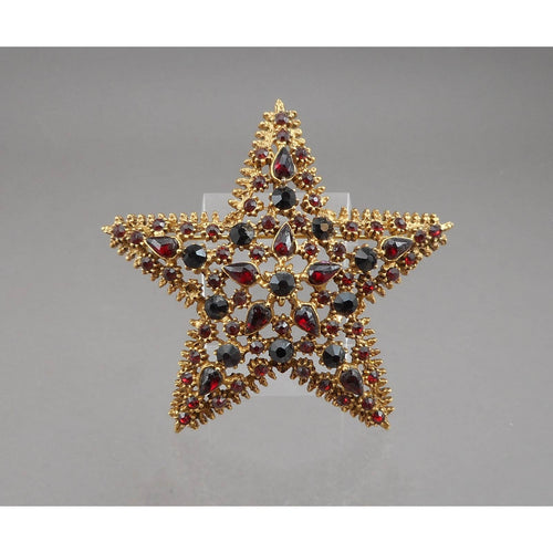 Large Vintage Faux Garnet Star Brooch, circa 1960 - Gold Tone, Red Rhinestones - Victorian Revival Pin - Estate Costume Jewelry Collection