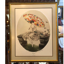 Load image into Gallery viewer, Vintage Louis Icart Print - Parasol - Reproduction of an Art Deco Era Etching - Gold and Black Frame, Linen Look Double Mat