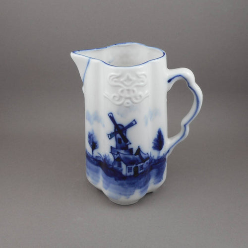 Antique or Vintage Glass Creamer Pitcher Flow Blue Delft Style White Milk Jug Windmill Design Delftware fm.p02