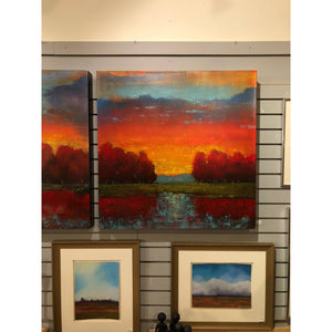Vintage Landscape Diptych Paintings - Acrylic on Canvas - " Fiery Skies II " - Signed Williams Original Art