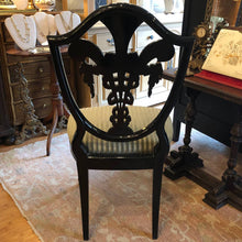 Load image into Gallery viewer, A Pair of Vintage Antique Reproduction Side Chairs - Hepplewhite Style - Hand Painted Black Lacquer Wood Made in Italy - Prince of Wales Feather Design