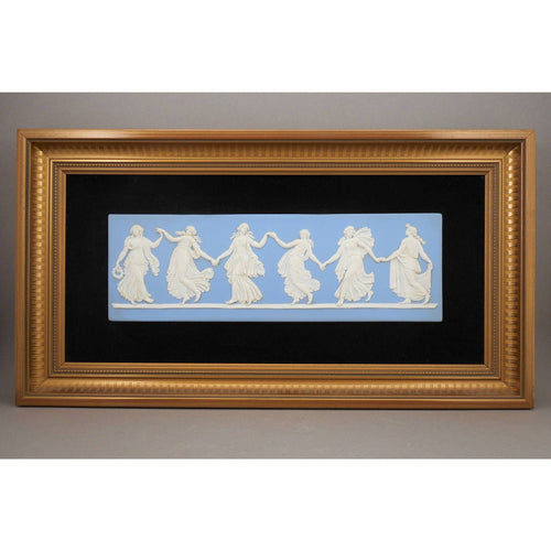 Vintage Wedgwood Dancing Hours 2 Framed Porcelain Plaque - White on Blue Jasperware - Made in England