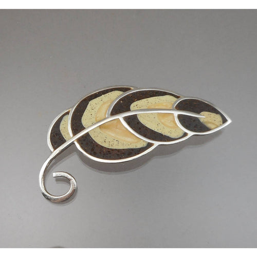 Large Vintage David Urso Artisan Crafted Brooch - Leaf or Feather Pin - Handmade, Resin Inlay, Sterling Silver - American Jewelry Artist