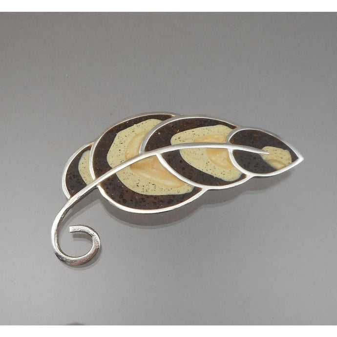 Large Vintage David Urso Artisan Crafted Brooch - Leaf or Feather Pin - Handmade, Resin Inlay, Sterling Silver - American Jewelry Artist