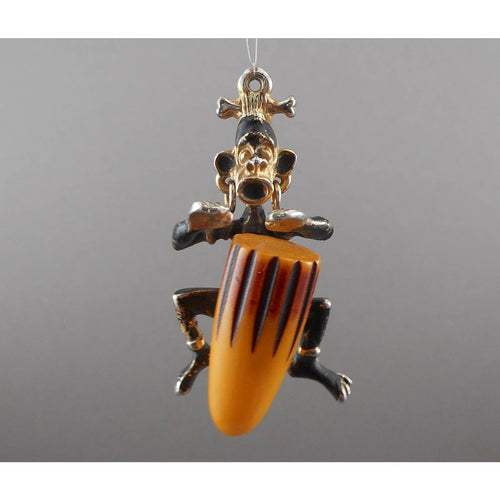Vintage 1950s Charles F Worth Pendant - Bakelite and Enameled Metal - Blackamoor Native Tribal African Figure Playing Conga Drum - Genuine, Simichrome Tested