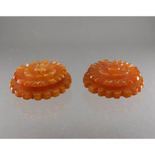 Load image into Gallery viewer, Pair of Vintage 1930s Bakelite Dress Clips - Marbled Apple Juice Carved Plastic - Flower Design - Simichrome Tested