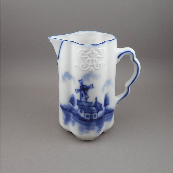 Antique or Vintage Glass Creamer Pitcher Flow Blue Delft Style White Milk Jug Windmill Design Delftware