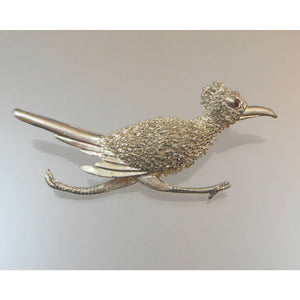 Vintage Silver Tone Brooch Roadrunner Bird Pin Red Rhinestone Eye Estate Costume Jewelry
