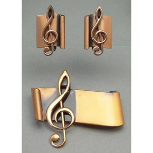 1950s Renoir Set Copper Brooch and Earrings Set - Music Theme Treble G Clef Pin and Clip On Signed Vintage Designer Costume Jewelry