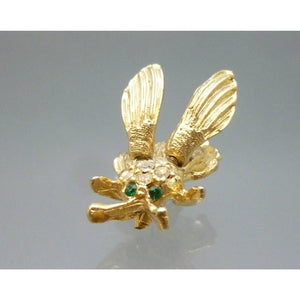 60s Bumble Bee or Fly Trembler Brooch Gold Tone Rhinestone Vintage Insect Bug Pin, Green Eyes, Retro Jewelry in the Style of Hattie Carnegie