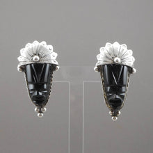 Load image into Gallery viewer, Vintage 1930s / 1940s Mexican Mask Earrings - Black Onyx and Sterling Silver - Screw Backs - Carved Stone Faces