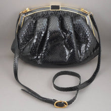 Load image into Gallery viewer, Vintage Colombetti Snakeskin Convertible Purse - Clutch and Shoulder Bag - Black and Gold Frame Handbag