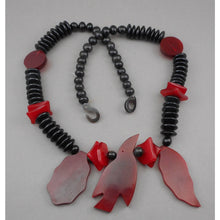 Load image into Gallery viewer, Vintage Resin Bird and Leaf Jewelry Set - Dangle Earrings and Necklace - Red and Black Beads - Southwestern Style - Estate Collection Jewelry