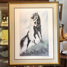 Load image into Gallery viewer, Vintage Louis Icart Print - Jeunesse (Youth) - Reproduction of an Art Deco Era Etching - Woman with Black Horse - Gold and Black Frame, Linen Look Double Mat