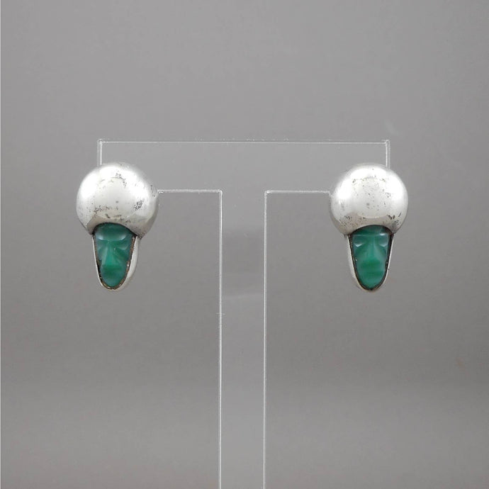 Vintage Mid Century Mexican * Mask Earrings - Green Onyx and Sterling Silver * - Screw Backs - Carved Stone Faces