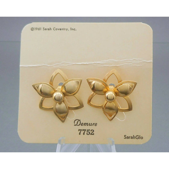 Vintage 1960s Sarah Coventry Clip On Earrings Gold Tone Flowers Demure SarahGlo