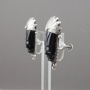 Vintage 1930s / 1940s Mexican Mask Earrings - Black Onyx and Sterling Silver - Screw Backs - Carved Stone Faces