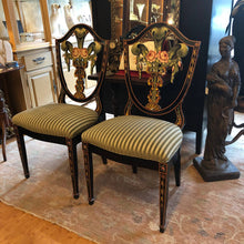 Load image into Gallery viewer, A Pair of Vintage Antique Reproduction Side Chairs - Hepplewhite Style - Hand Painted Black Lacquer Wood Made in Italy - Prince of Wales Feather Design