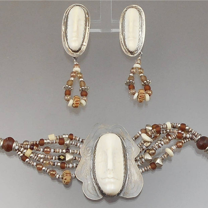 Vintage Candy Caldwell Artisan Crafted Jewelry Set - Bracelet and Earrings - Hand Carved Bone Masks / Faces, Sterling Silver, Beads - Made in Southwestern USA