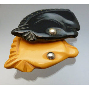 Carved Bakelite Brooch - Butterscotch & Black Double Horse Head Pin