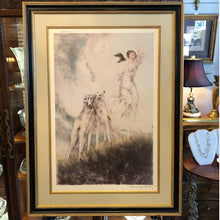 Load image into Gallery viewer, Vintage Louis Icart Print - Joie de Vivre (Joy of Life) - Reproduction of an Art Deco Era Etching - Woman with Wolfhound Dogs - Gold and Black Frame, Linen Look Double Mat