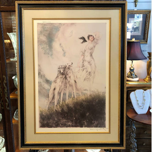 Vintage Louis Icart Print - Joie de Vivre (Joy of Life) - Reproduction of an Art Deco Era Etching - Woman with Wolfhound Dogs - Gold and Black Frame, Linen Look Double Mat