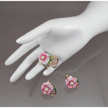 Load image into Gallery viewer, Vintage 1950s Jewelry Set - Flower and Heart Design Screw Back Earrings and Brooch Pin - Pink and White Enamel, Gold Tone, Faux Pearls - Mid Century Estate Collection