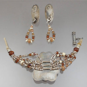 Vintage Candy Caldwell Artisan Crafted Jewelry Set - Bracelet and Earrings - Hand Carved Bone Masks / Faces, Sterling Silver, Beads - Made in Southwestern USA